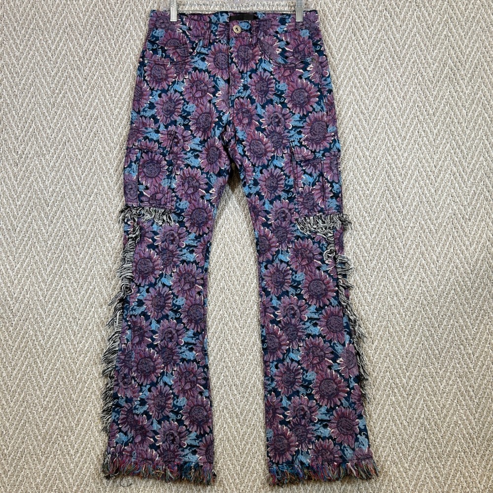 KDNK Jeans Mens 30 Purple Floral Tapestry Cargo Pants Sunflower Fringe Trim